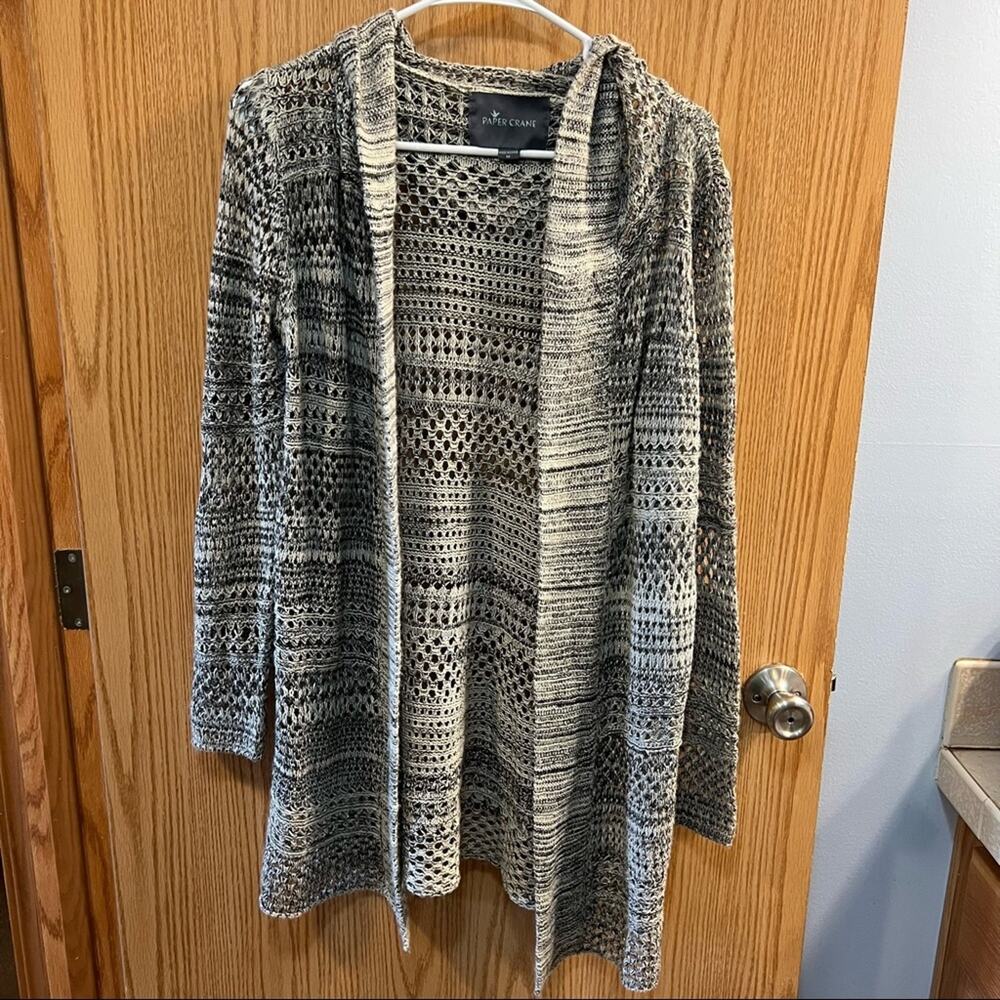 Paper Crane Longline Open Front Hooded Cardigan Sweater Women's Size Medium